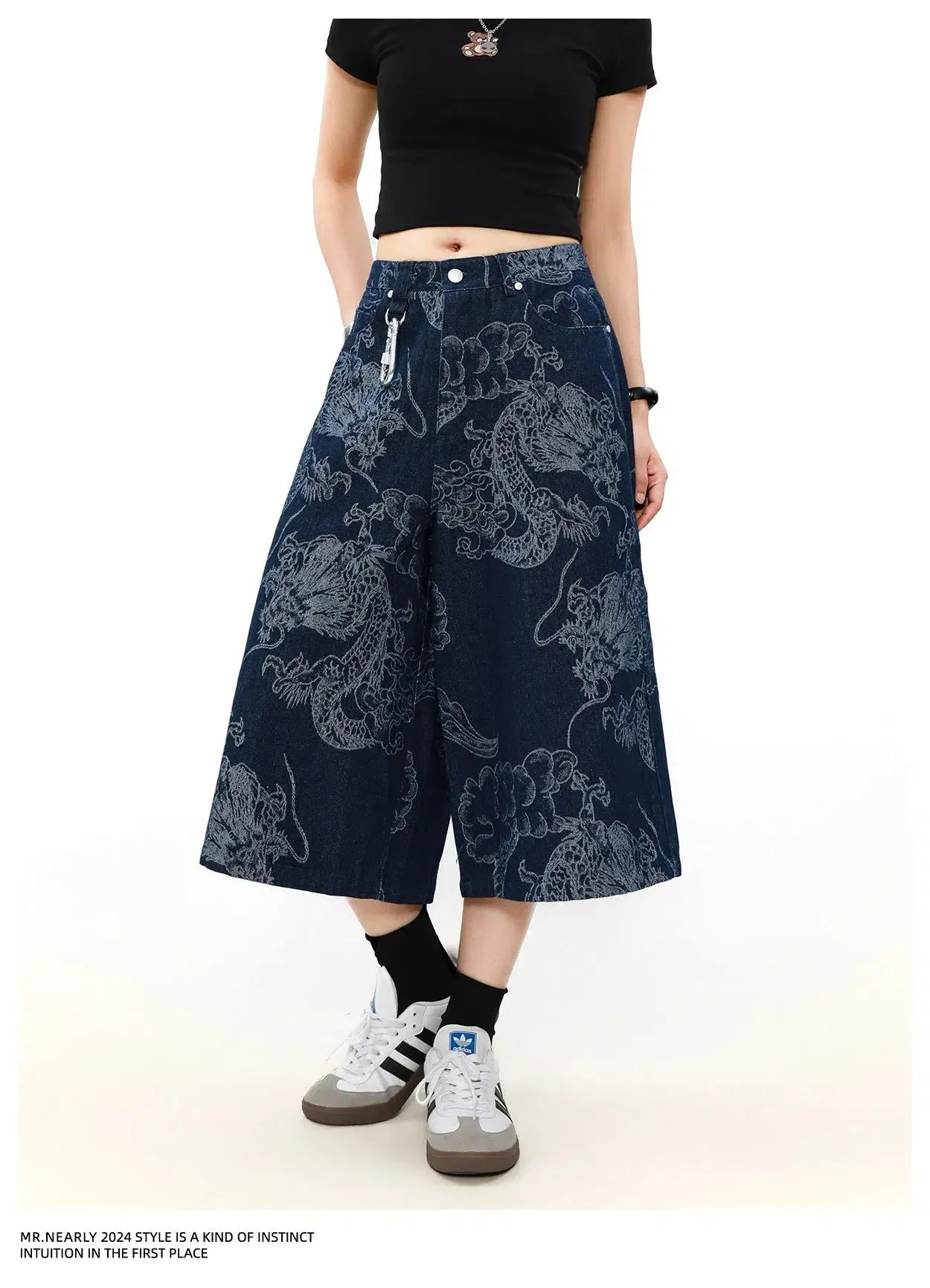 Chinese Style Full-Print Denim Shorts