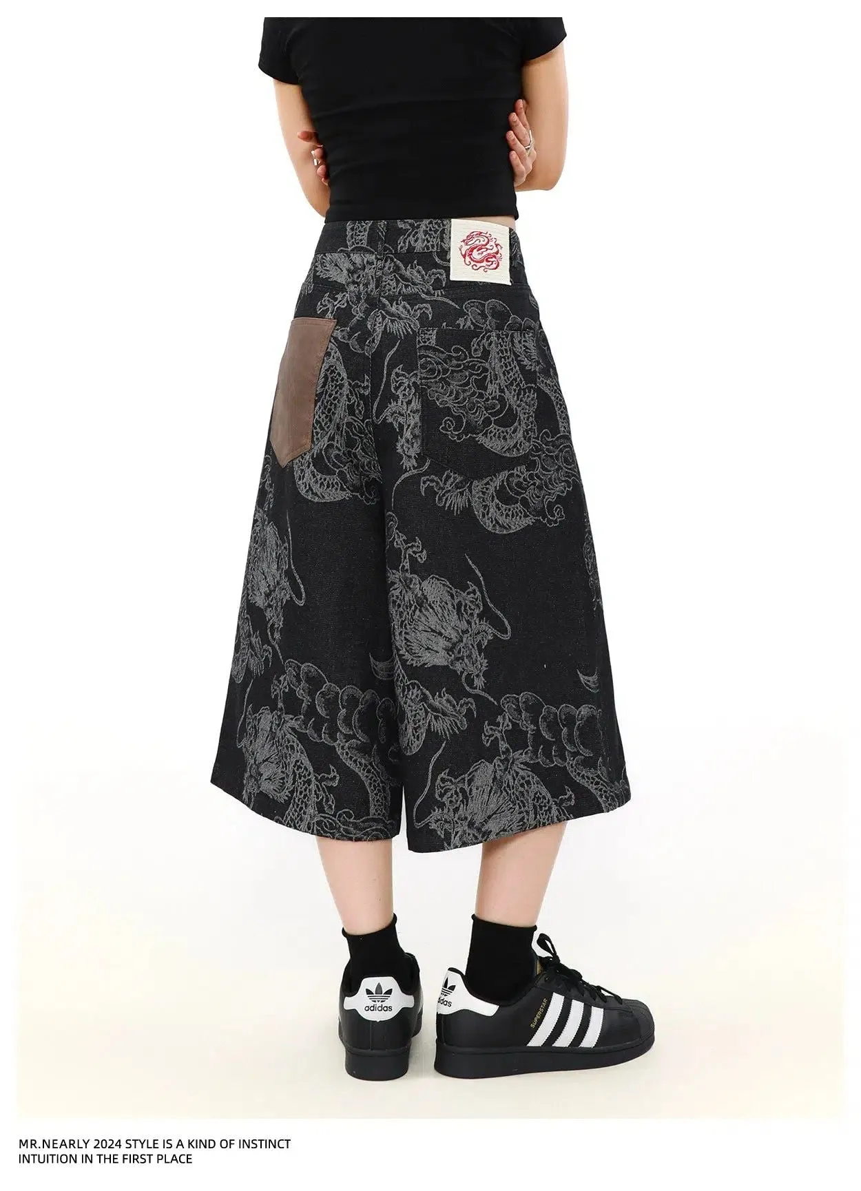 Chinese Style Full-Print Denim Shorts