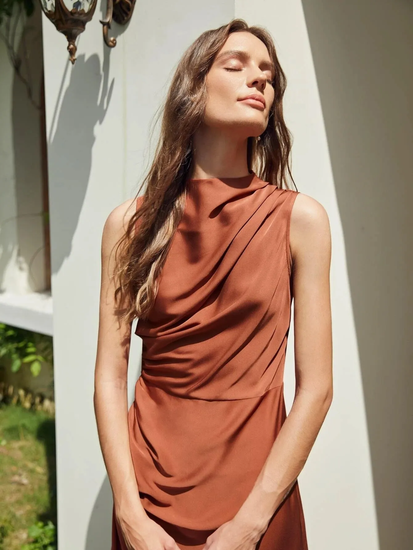 Classic  Simple Silk Draped Asymmetrical Sleeveless One Piece Dress