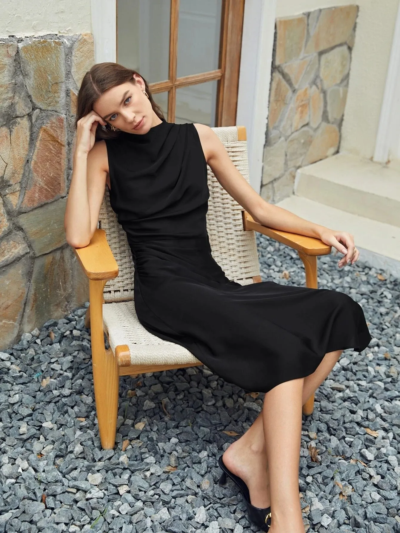 Classic  Simple Silk Draped Asymmetrical Sleeveless One Piece Dress