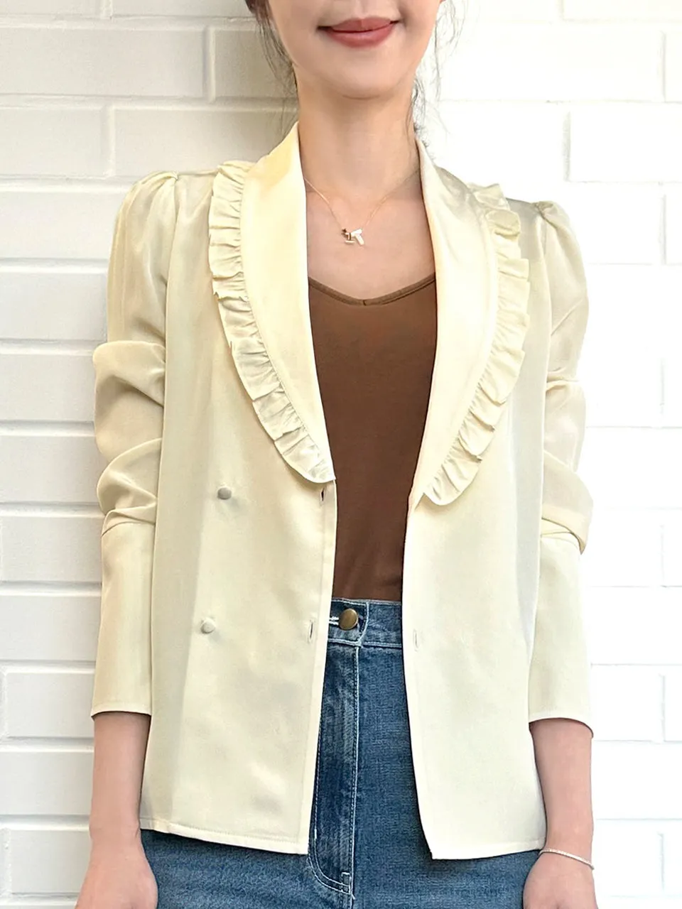 Creamy Yellow Ruffled Collar Double Breasted Silky Shirt