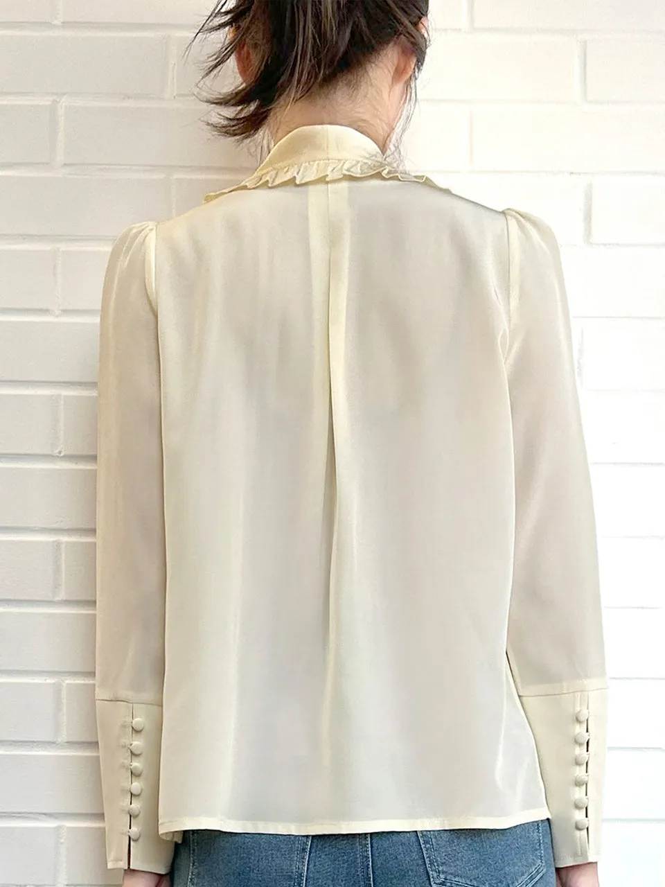 Creamy Yellow Ruffled Collar Double Breasted Silky Shirt