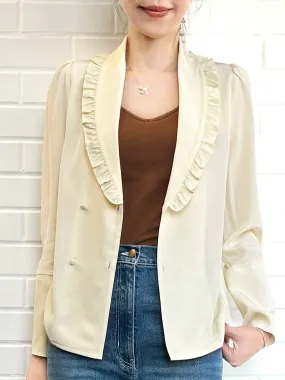 Creamy Yellow Ruffled Collar Double Breasted Silky Shirt