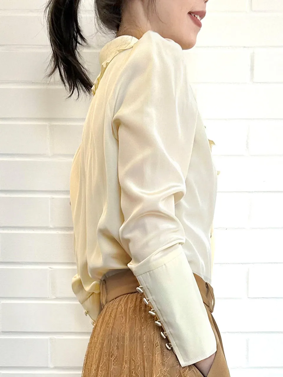 Creamy Yellow Ruffled Collar Double Breasted Silky Shirt