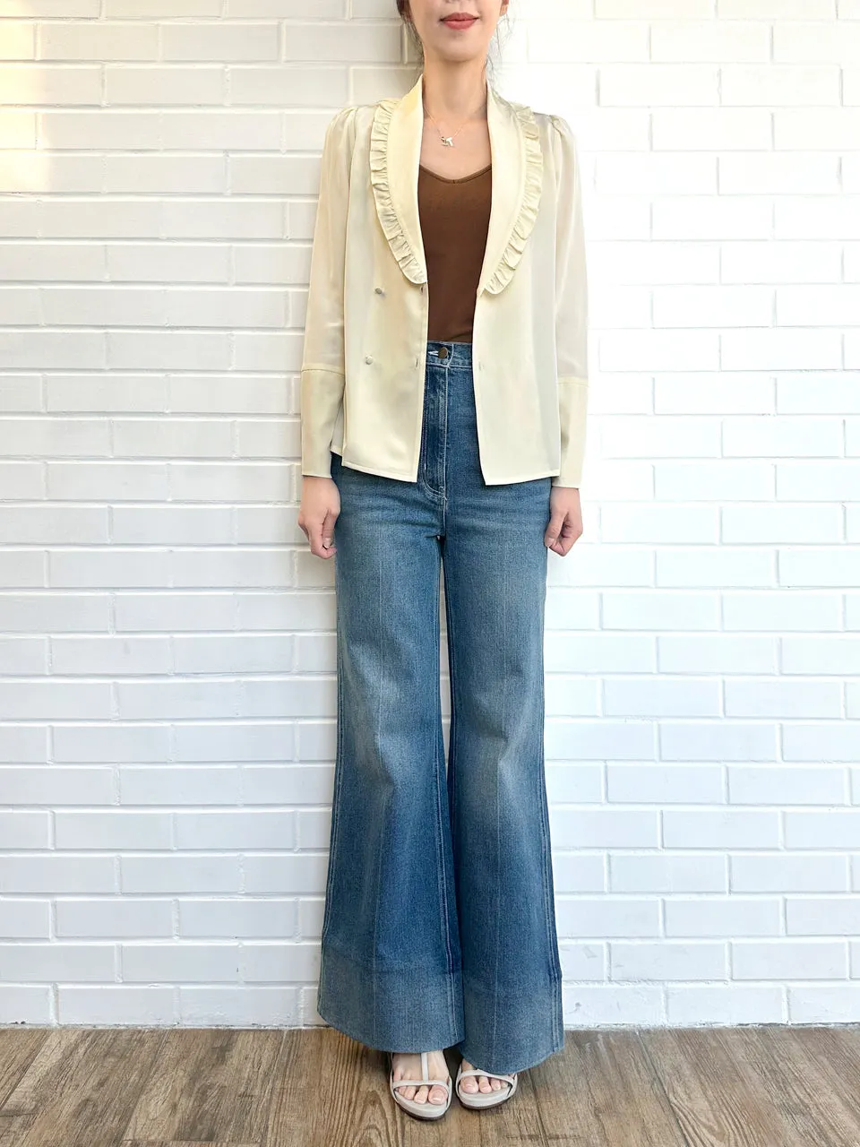 Creamy Yellow Ruffled Collar Double Breasted Silky Shirt