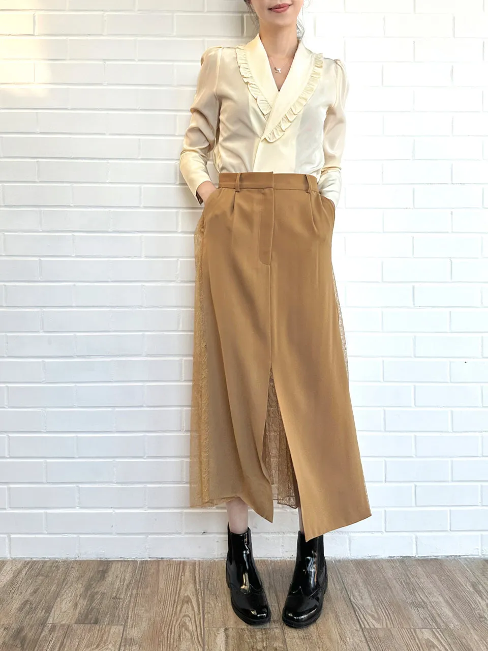 Creamy Yellow Ruffled Collar Double Breasted Silky Shirt