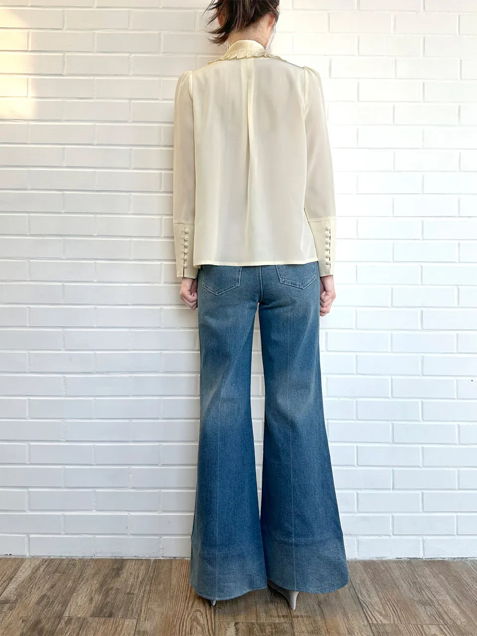 Creamy Yellow Ruffled Collar Double Breasted Silky Shirt