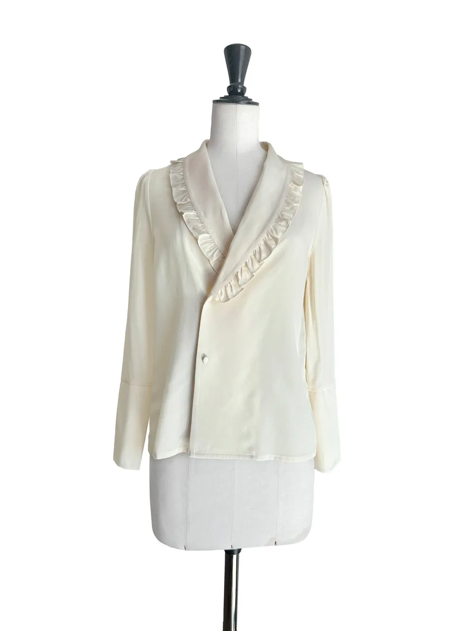 Creamy Yellow Ruffled Collar Double Breasted Silky Shirt