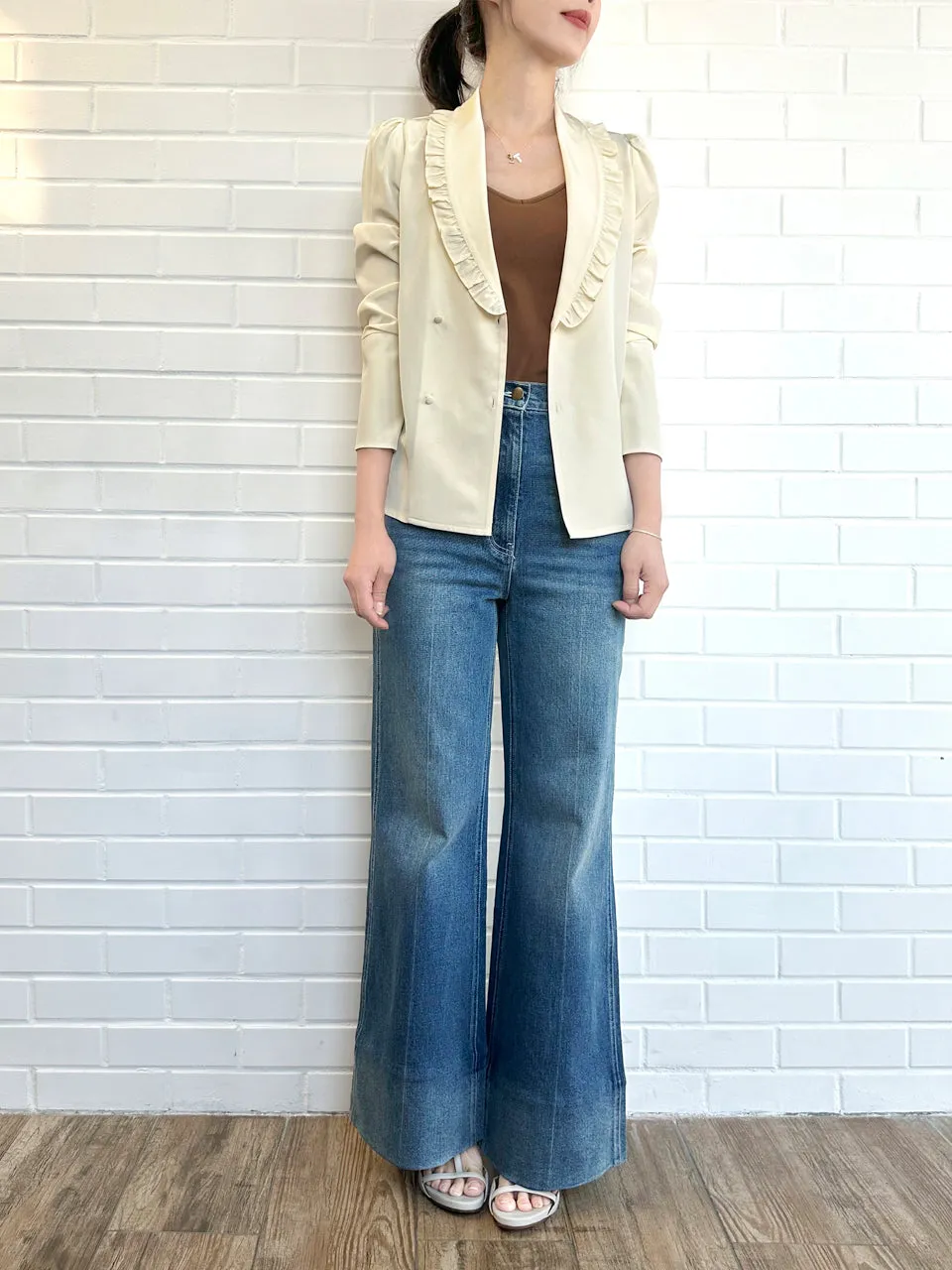 Creamy Yellow Ruffled Collar Double Breasted Silky Shirt