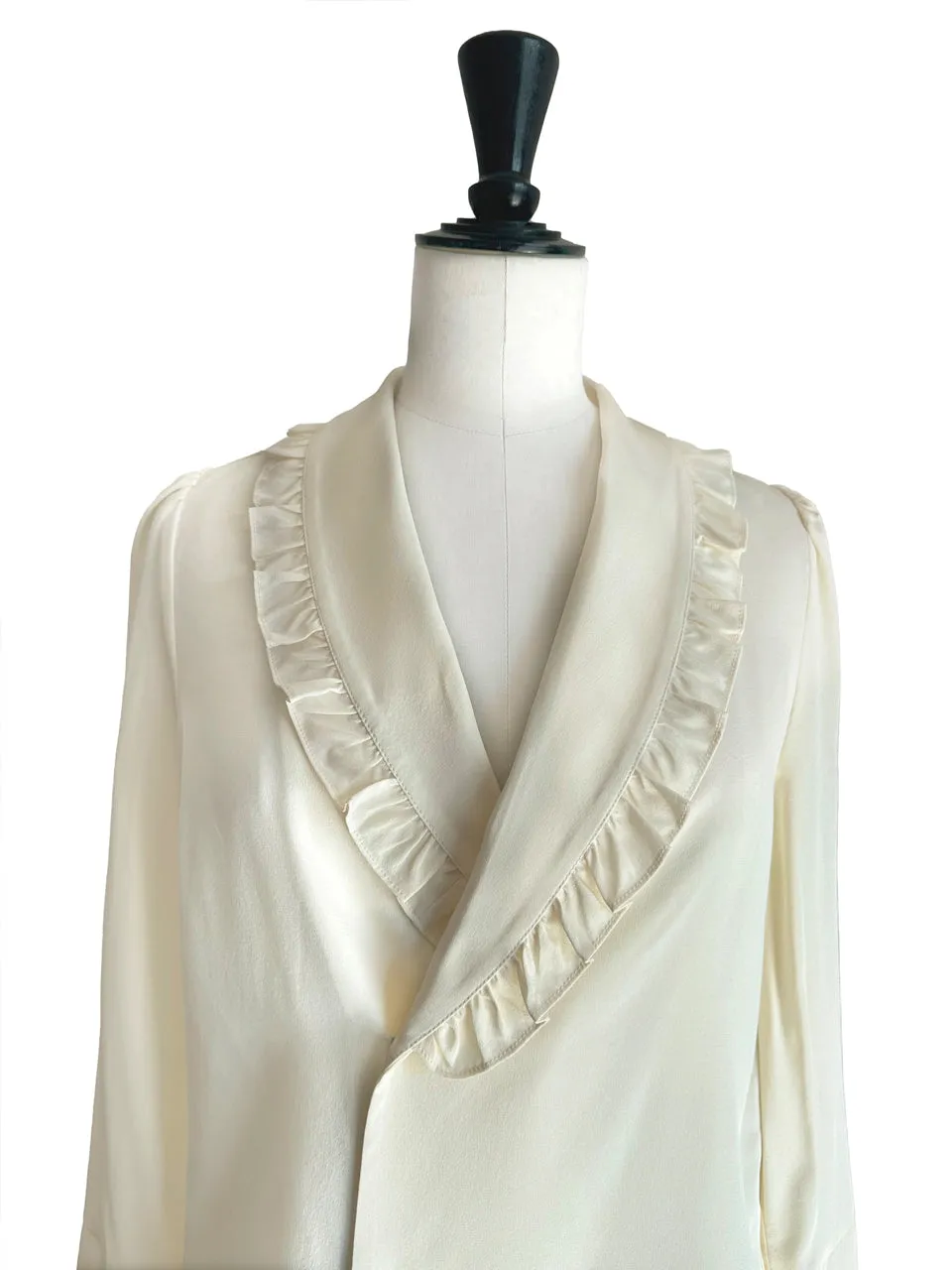 Creamy Yellow Ruffled Collar Double Breasted Silky Shirt
