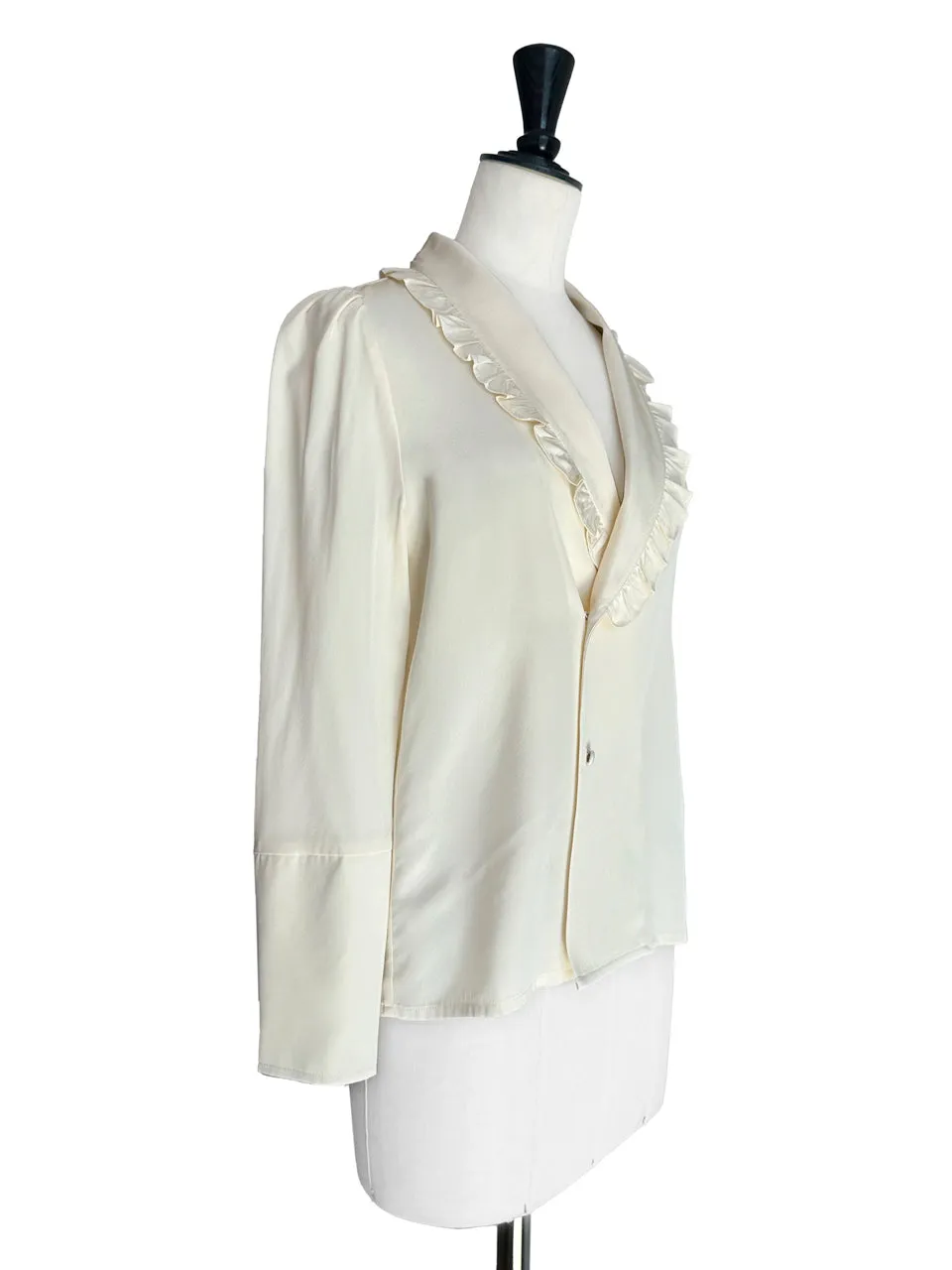 Creamy Yellow Ruffled Collar Double Breasted Silky Shirt