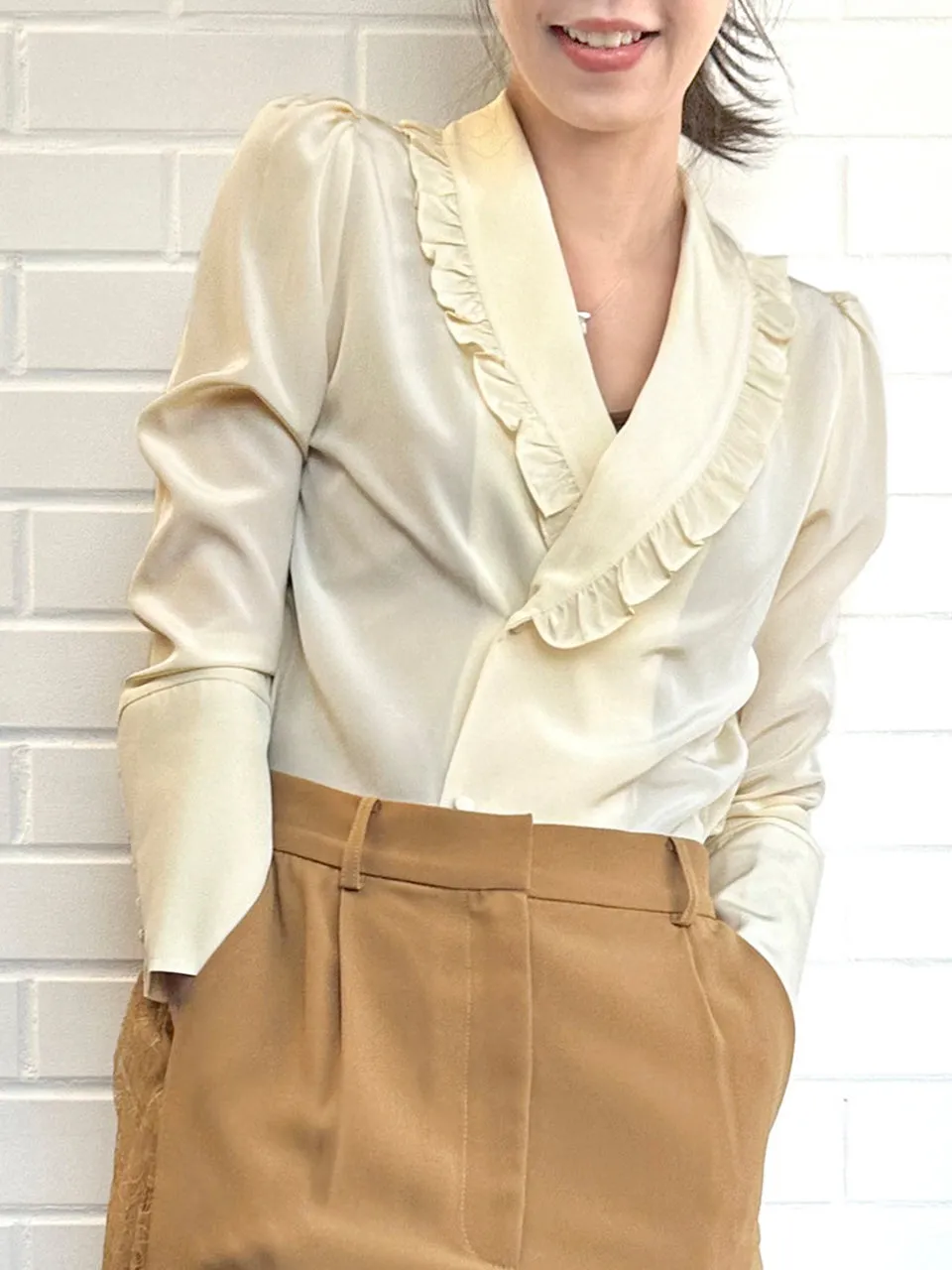 Creamy Yellow Ruffled Collar Double Breasted Silky Shirt
