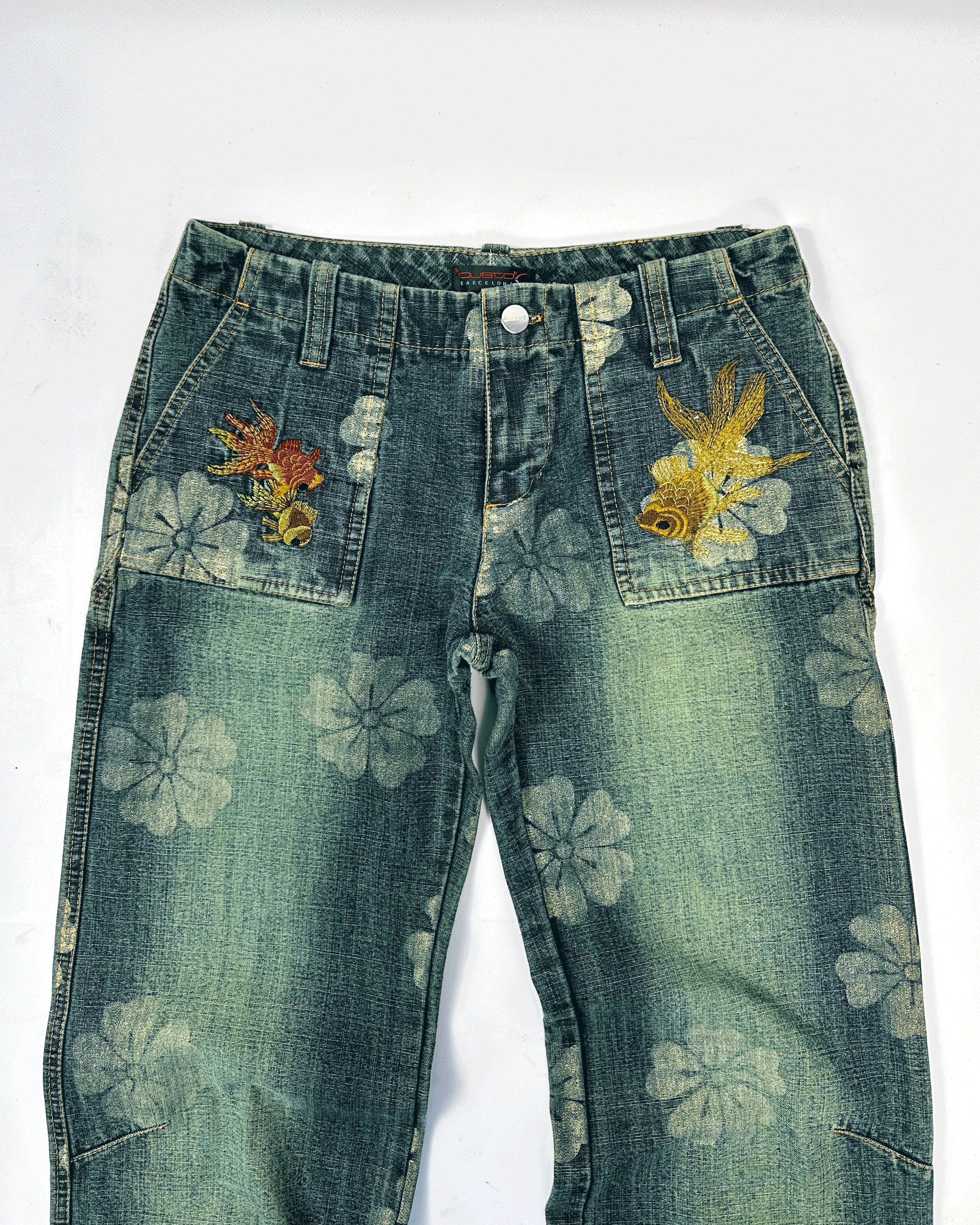 Custo Barcelona Koi-Fish Print Denim Flare Pants 2000's