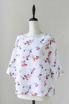 Cut Loose - Linen Elbow Sleeves Top - Cherry Blossom White