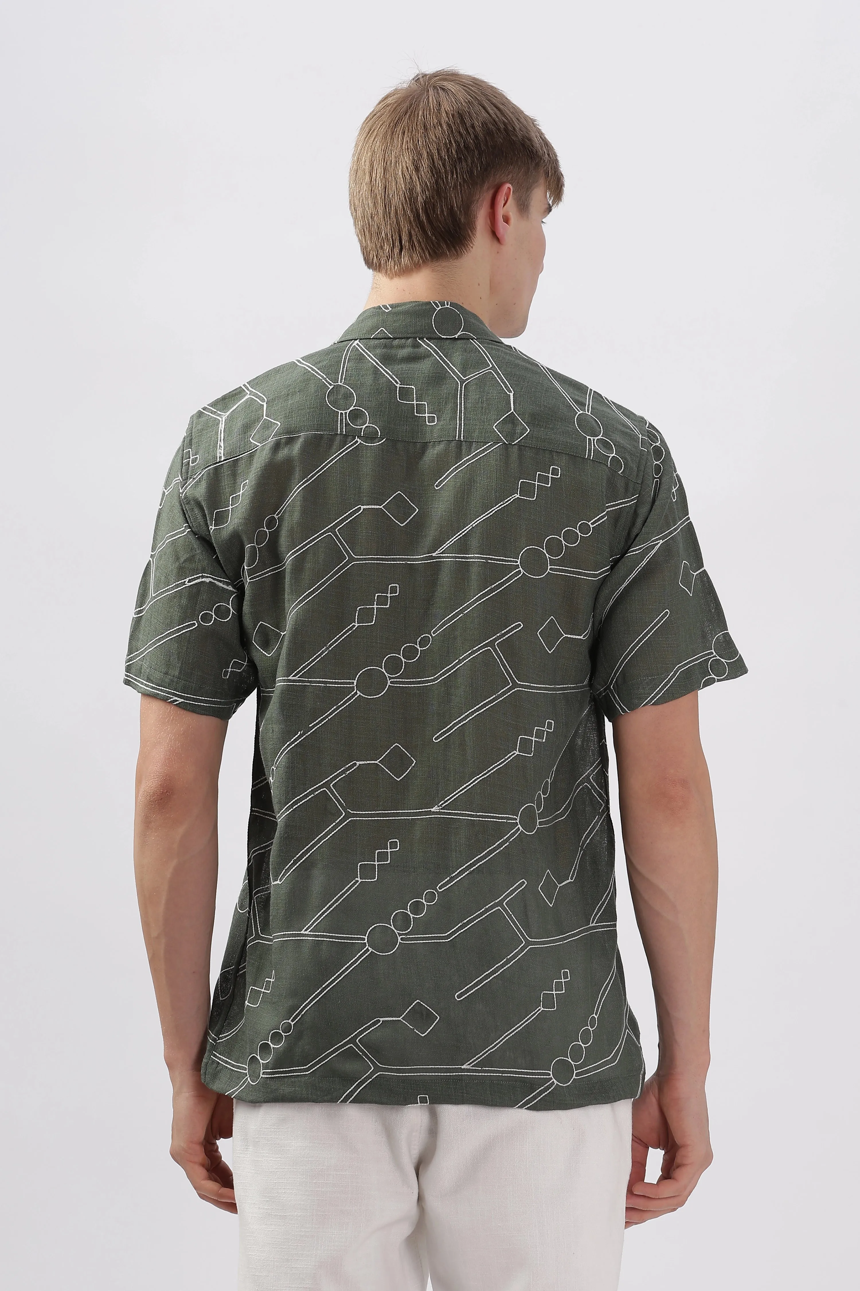 Dark green abstract linen embroidered half sleeve shirt