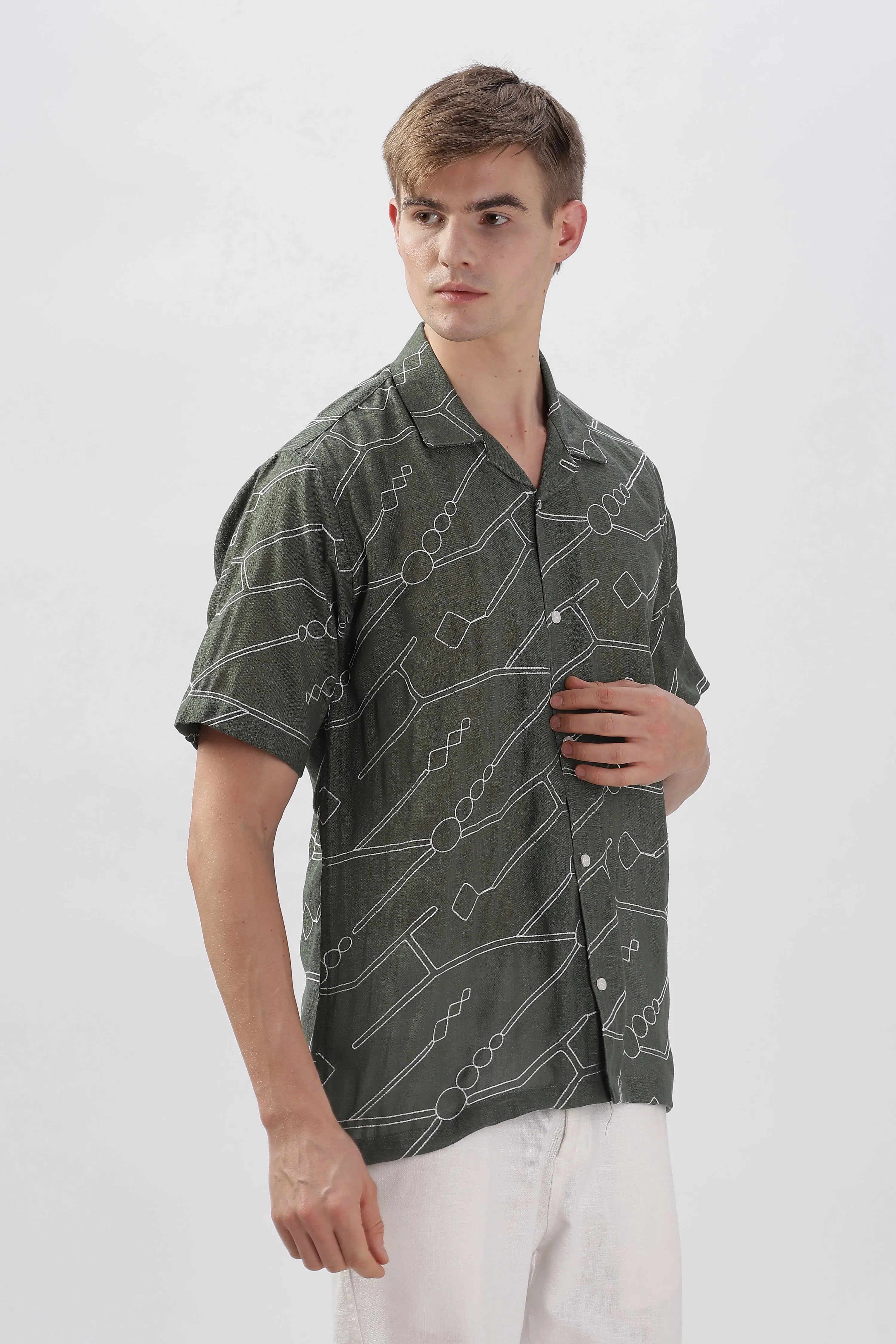 Dark green abstract linen embroidered half sleeve shirt