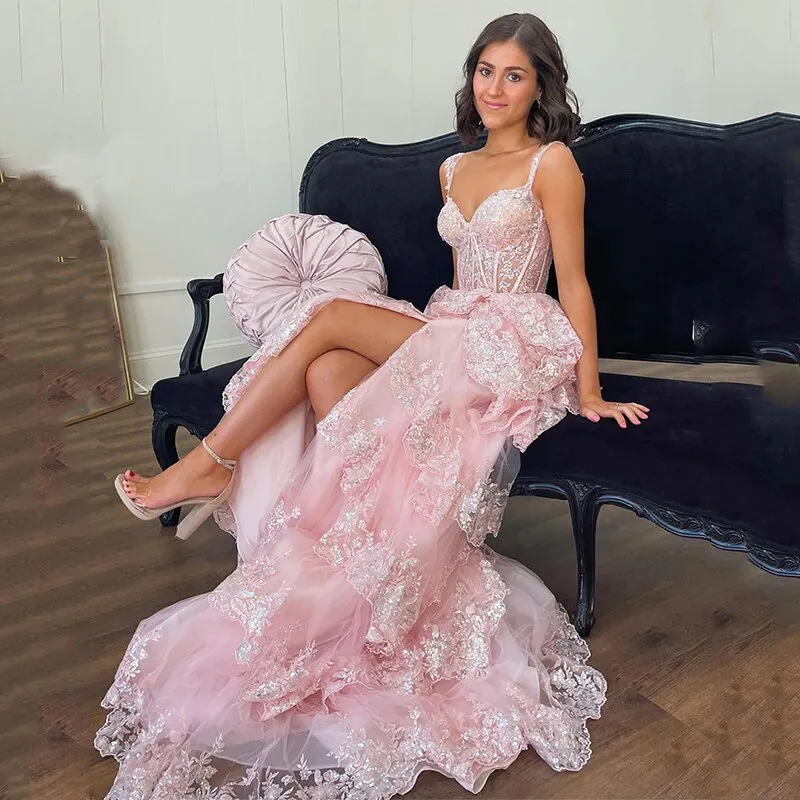 deanwangkt  Lace Beaded Prom Dresses Split Sweet 15 Appliques Girls Birthday Evening Formal Party Quinceanera Sequins Women Gown
