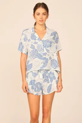 Denim Hawaiian Print Rayon Tie Front Button Up Top