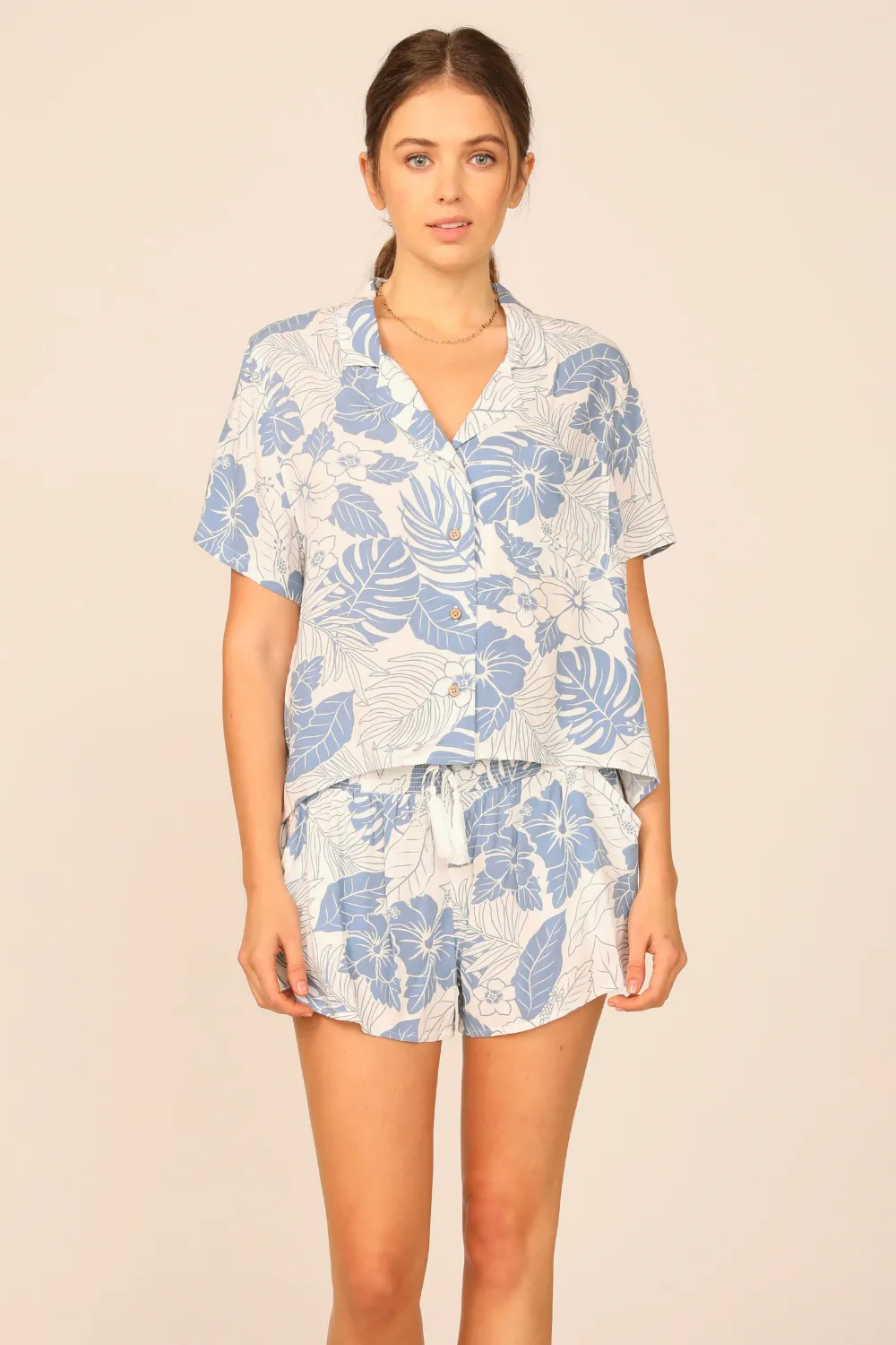 Denim Hawaiian Print Rayon Tie Front Button Up Top