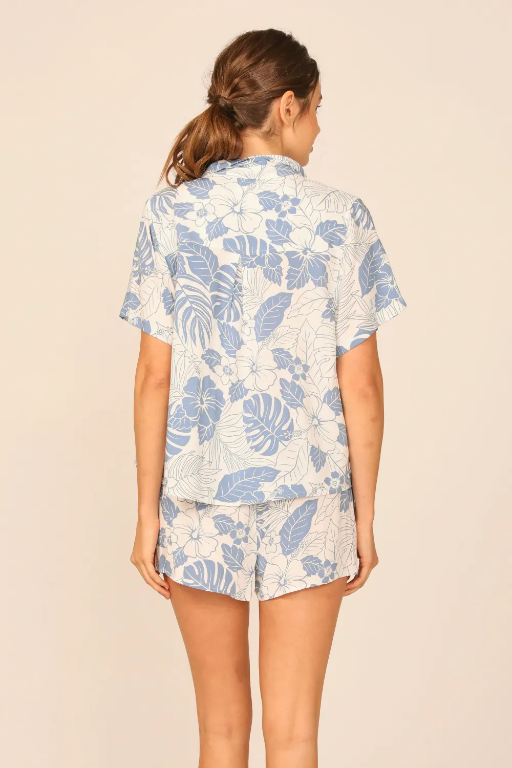 Denim Hawaiian Print Rayon Tie Front Button Up Top