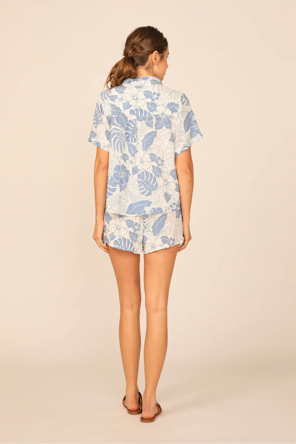 Denim Hawaiian Print Rayon Tie Front Button Up Top
