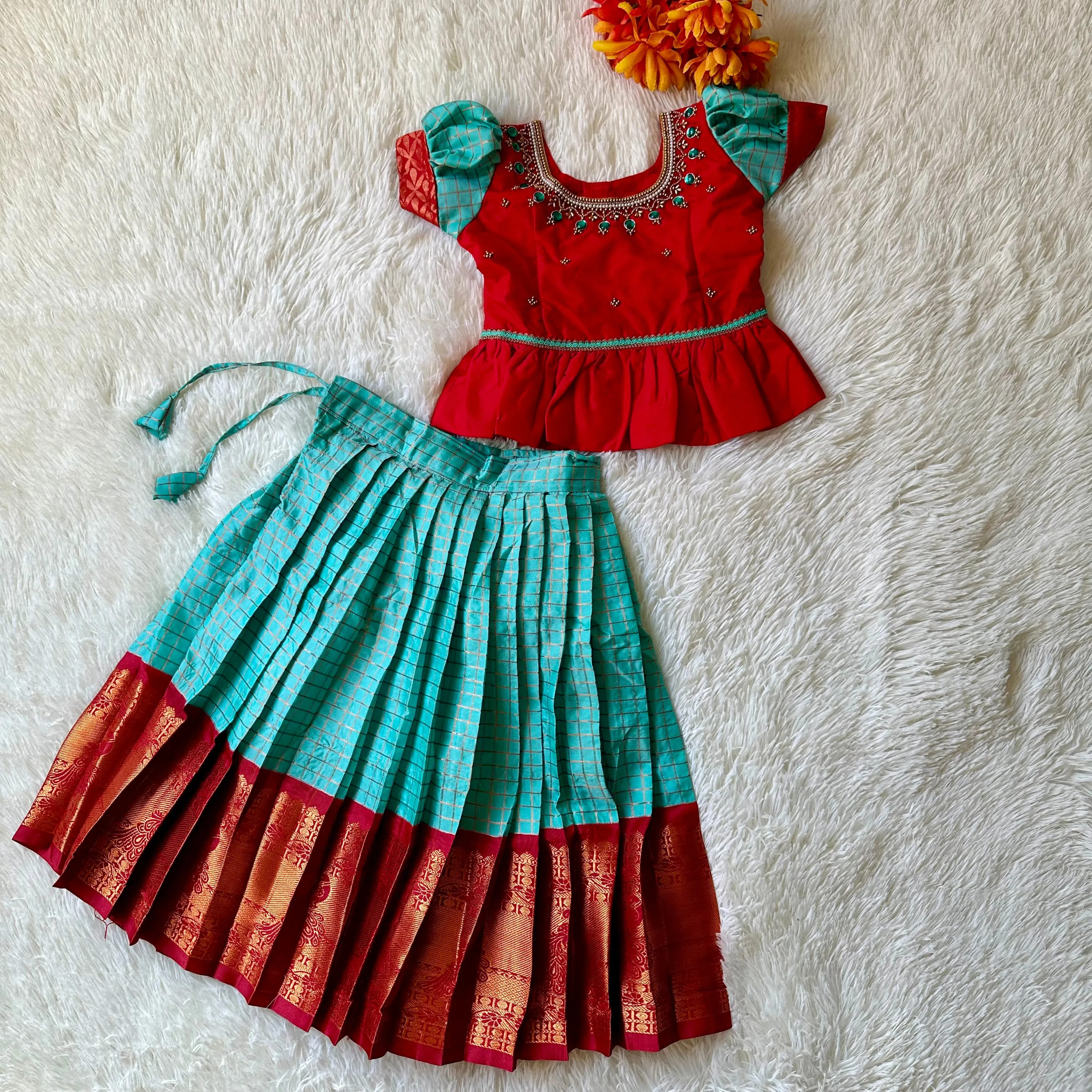 Elegant Chic: Aari Work Peplum Top with Rama Blue Checked Skirth
