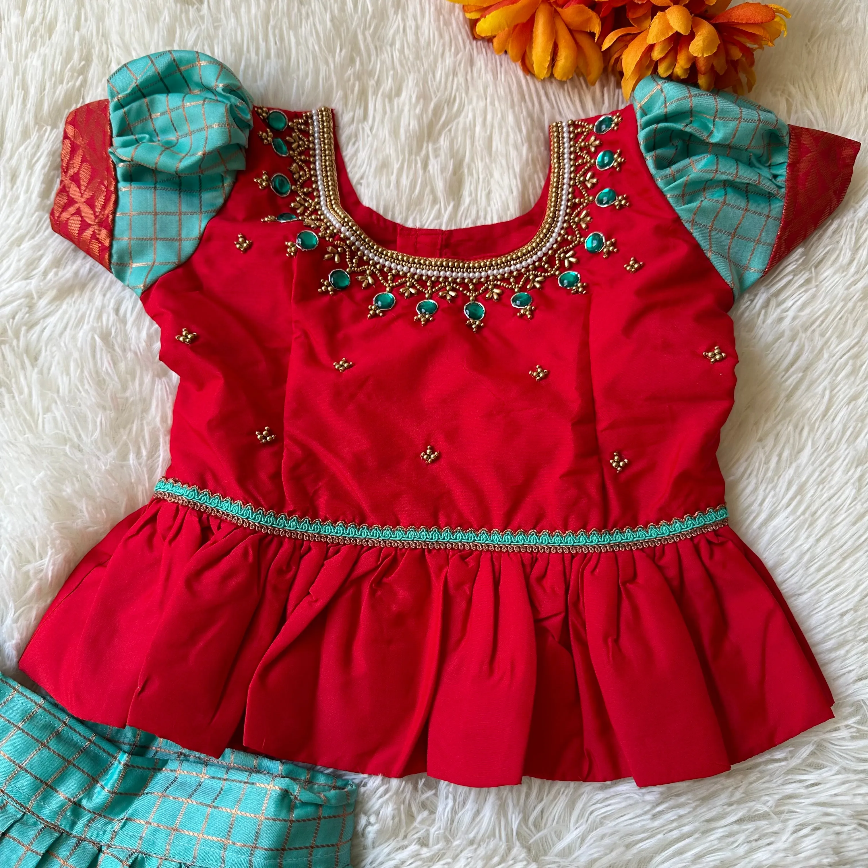 Elegant Chic: Aari Work Peplum Top with Rama Blue Checked Skirth