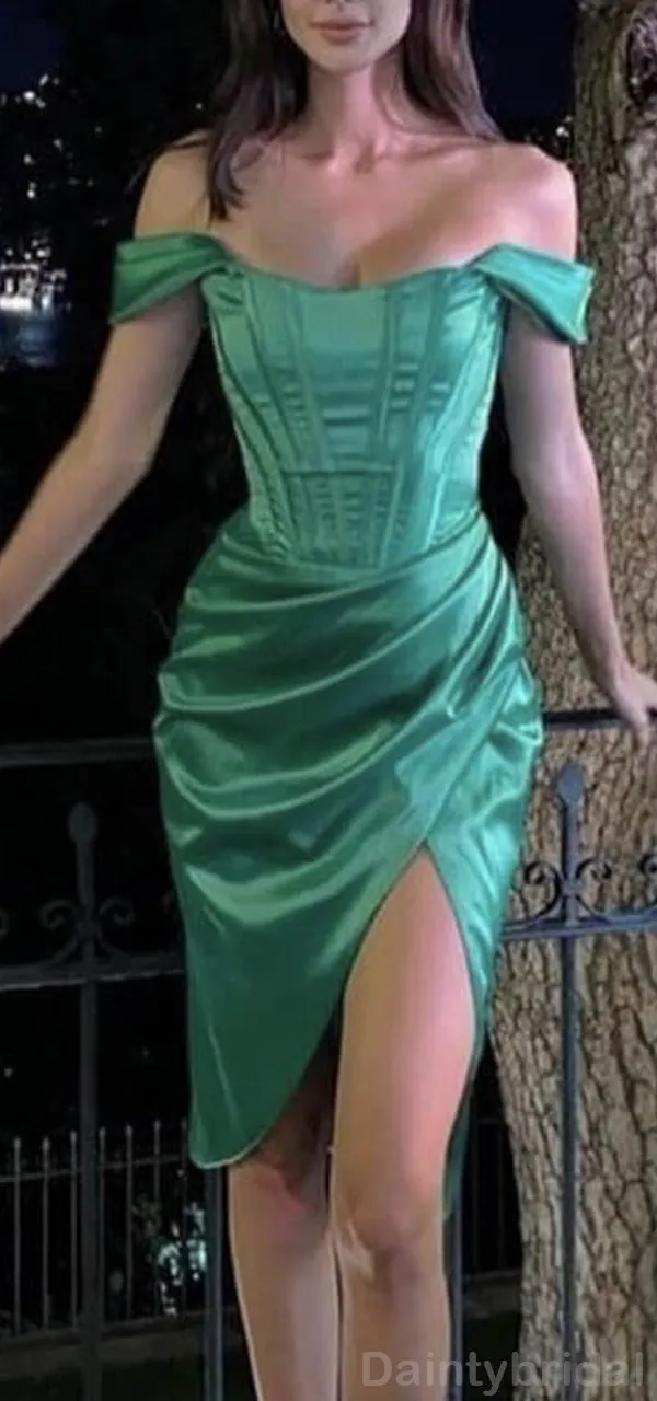 Elegant Off Shoulder Mermaid Side Slit Mermaid Satin Short Homecoming Dresses Online, HD0663