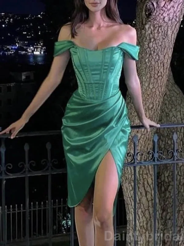 Elegant Off Shoulder Mermaid Side Slit Mermaid Satin Short Homecoming Dresses Online, HD0663