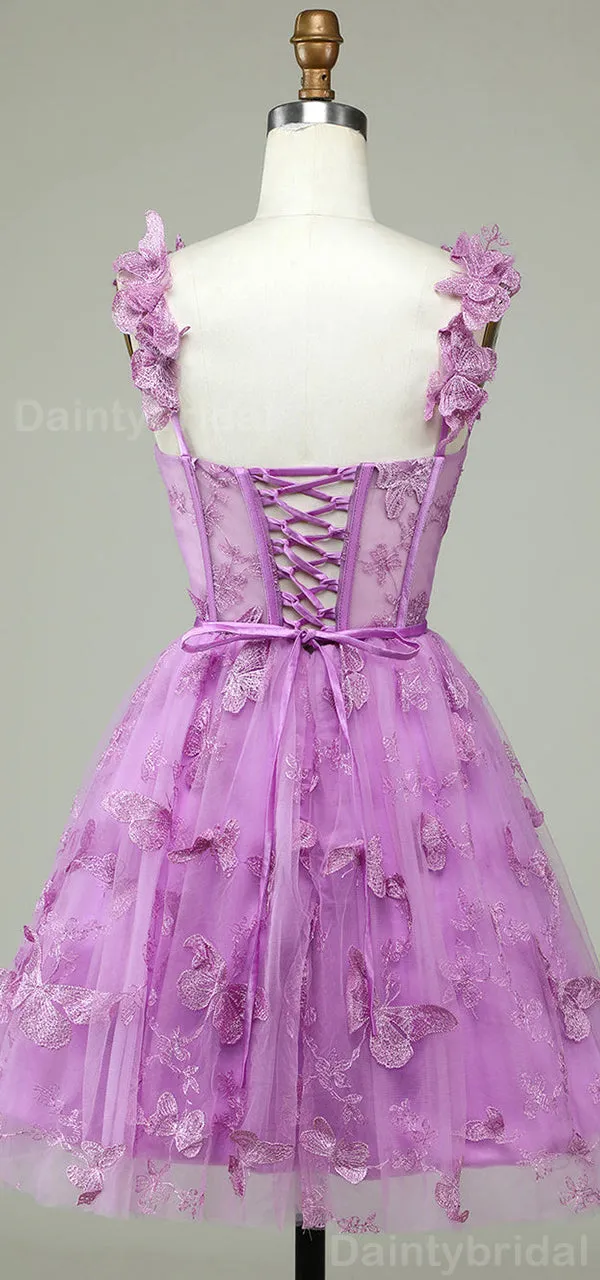 Elegant Spaghetti Straps A-line Tulle Applique Short Homecoming Dresses Online, HD0706