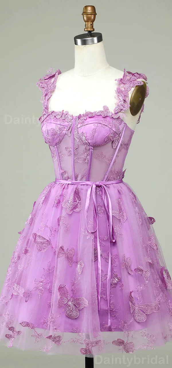 Elegant Spaghetti Straps A-line Tulle Applique Short Homecoming Dresses Online, HD0706