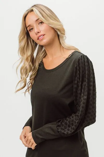 Explore More Collection - BiBi Round Neck Polka Dot Lantern Sleeve Top
