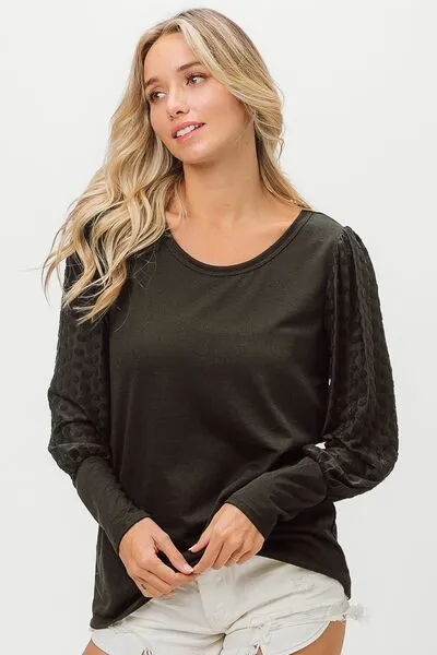 Explore More Collection - BiBi Round Neck Polka Dot Lantern Sleeve Top