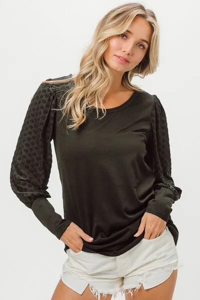 Explore More Collection - BiBi Round Neck Polka Dot Lantern Sleeve Top