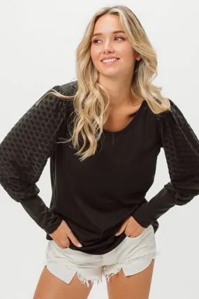Explore More Collection - BiBi Round Neck Polka Dot Lantern Sleeve Top