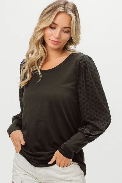 Explore More Collection - BiBi Round Neck Polka Dot Lantern Sleeve Top