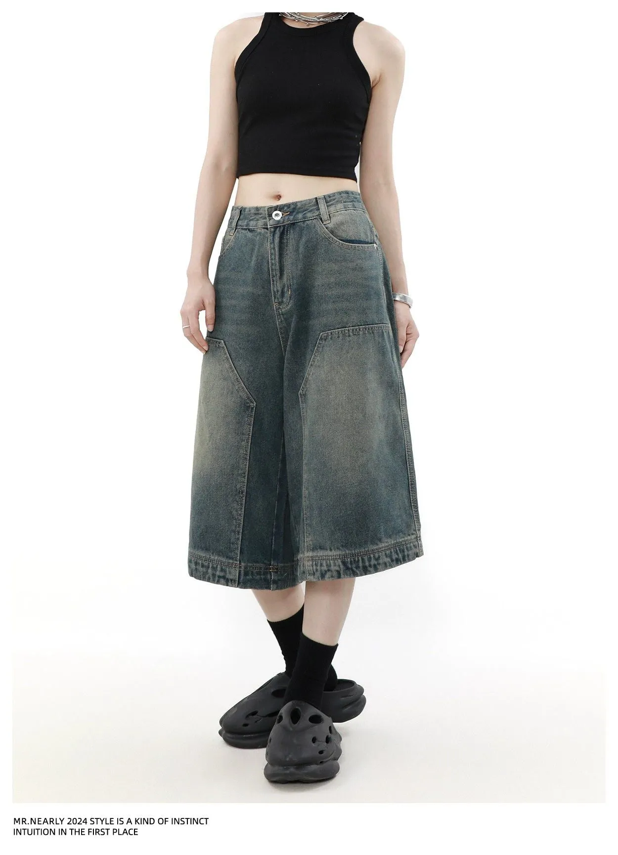 Faded Patched Detail Denim Shorts
