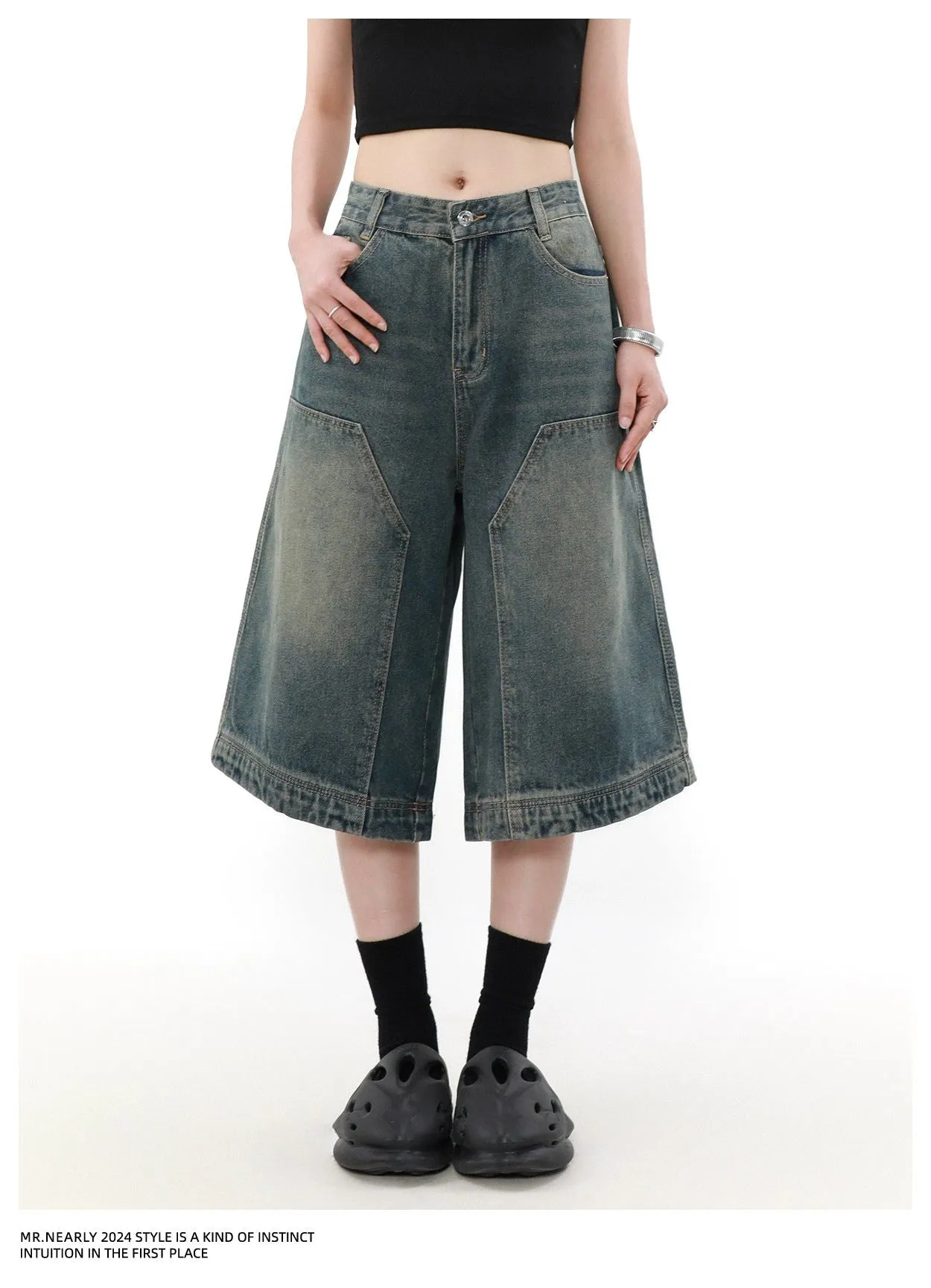 Faded Patched Detail Denim Shorts