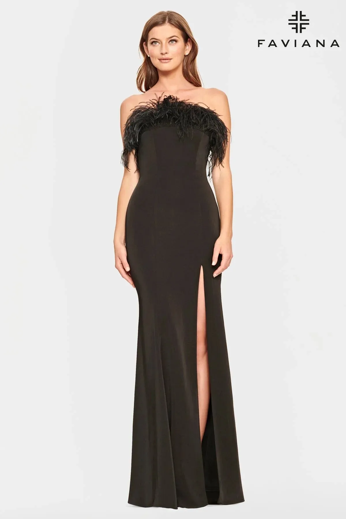 Faviana 10851 Strapless Feather Gown | Black, Ivory