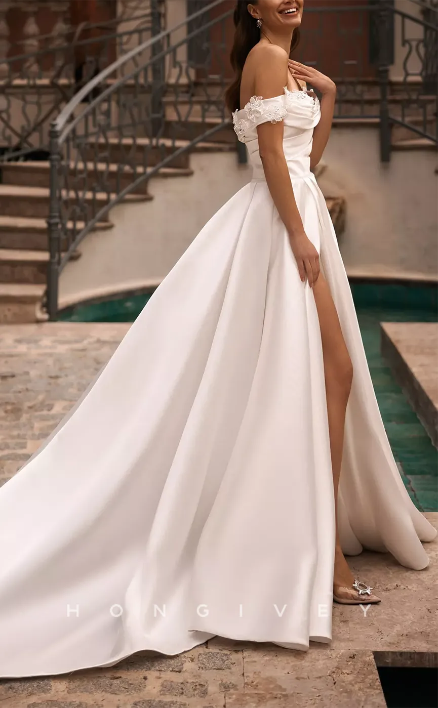 H1150 - Sexy Satin A-Line Off-Shoulder Empire Ruched With Side Slit Train  Wedding Dress
