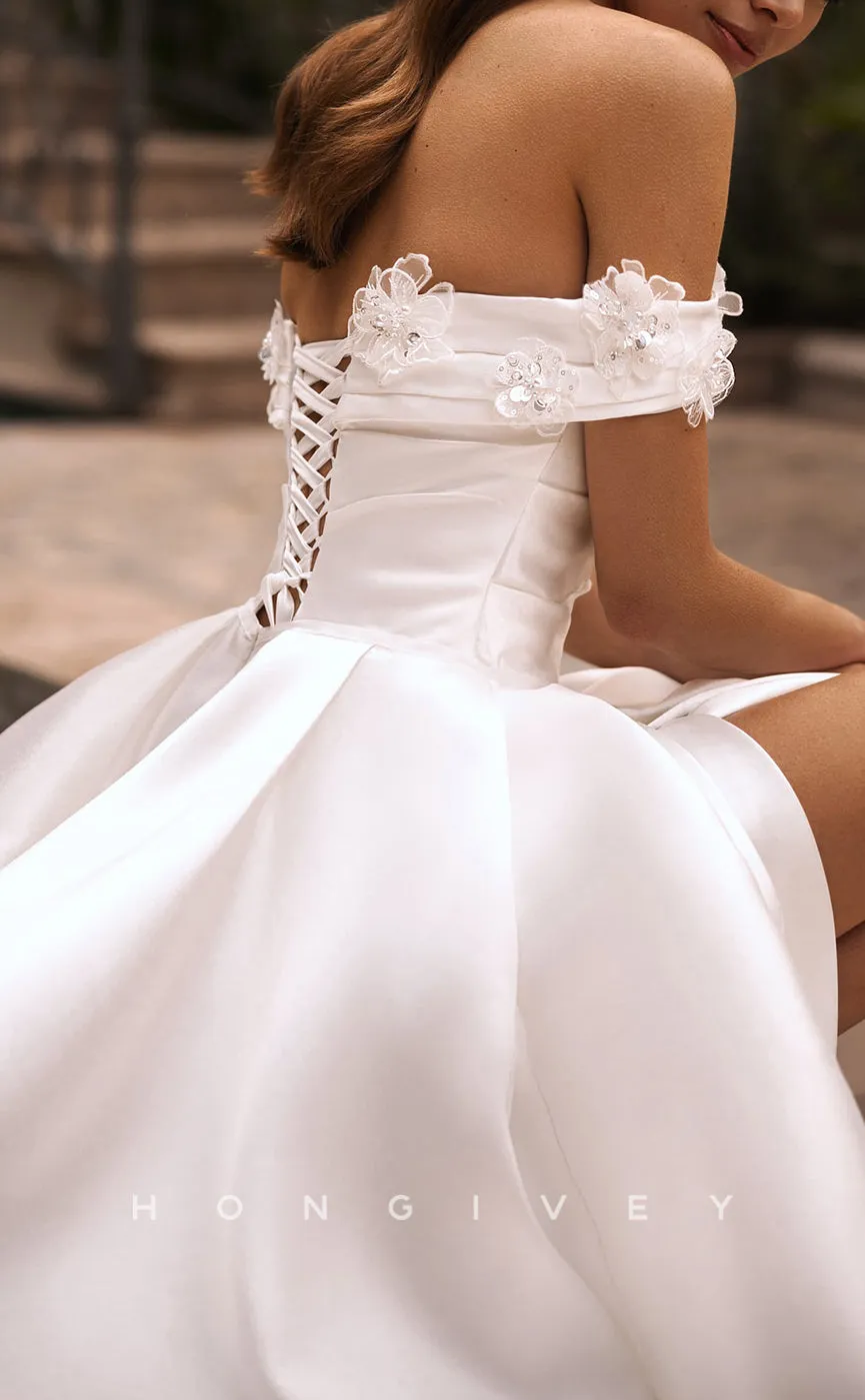 H1150 - Sexy Satin A-Line Off-Shoulder Empire Ruched With Side Slit Train  Wedding Dress