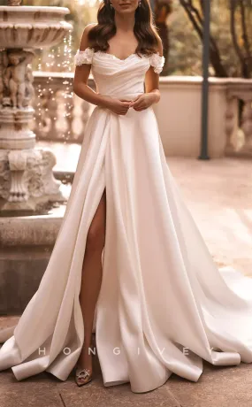 H1150 - Sexy Satin A-Line Off-Shoulder Empire Ruched With Side Slit Train  Wedding Dress