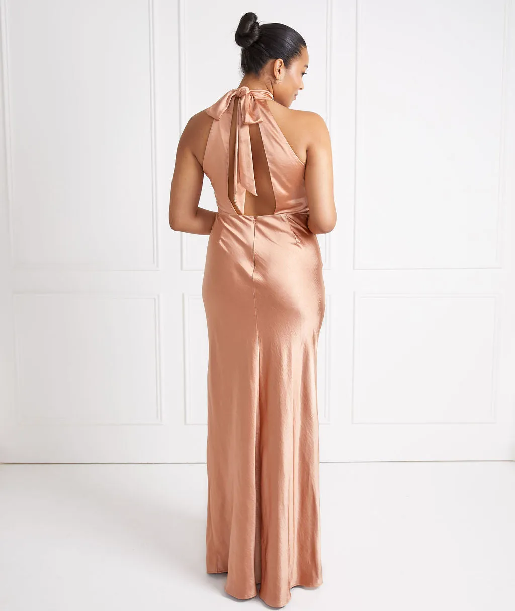 Halter Neck Satin Bridesmaid Dress - Burnt Peach