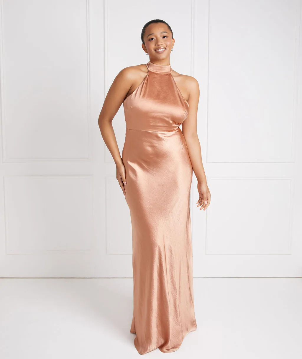 Halter Neck Satin Bridesmaid Dress - Burnt Peach