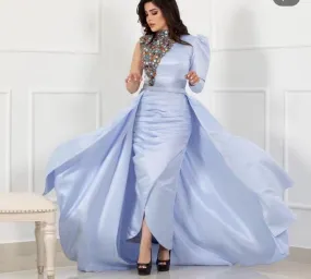 high neck detachable skirt prom dresses 2022 beaded crystals satin blue prom gown 2023 robe de cocktail
