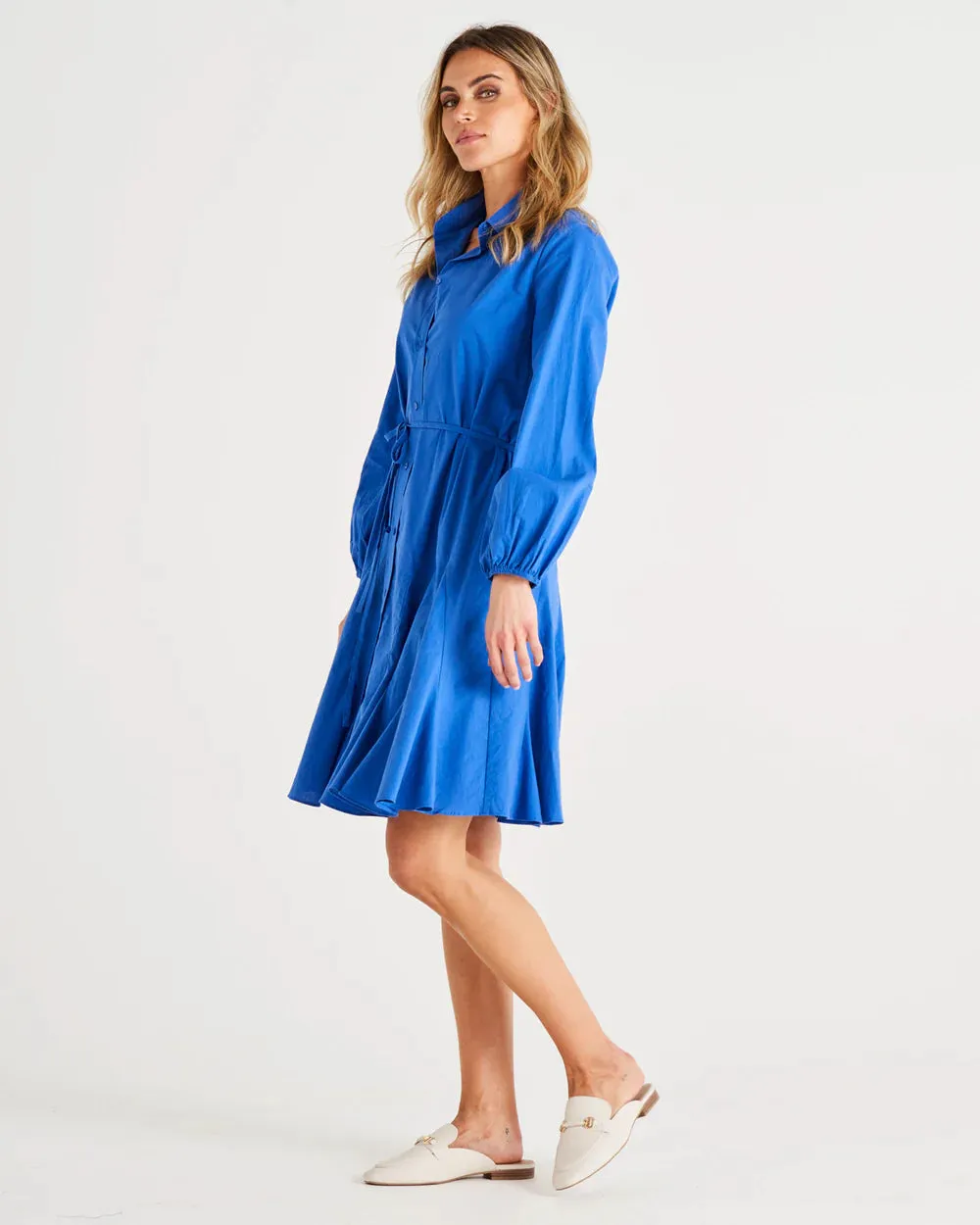 Jada Relaxed Fit Button Up Cotton Shirt Dress- Iris Blue