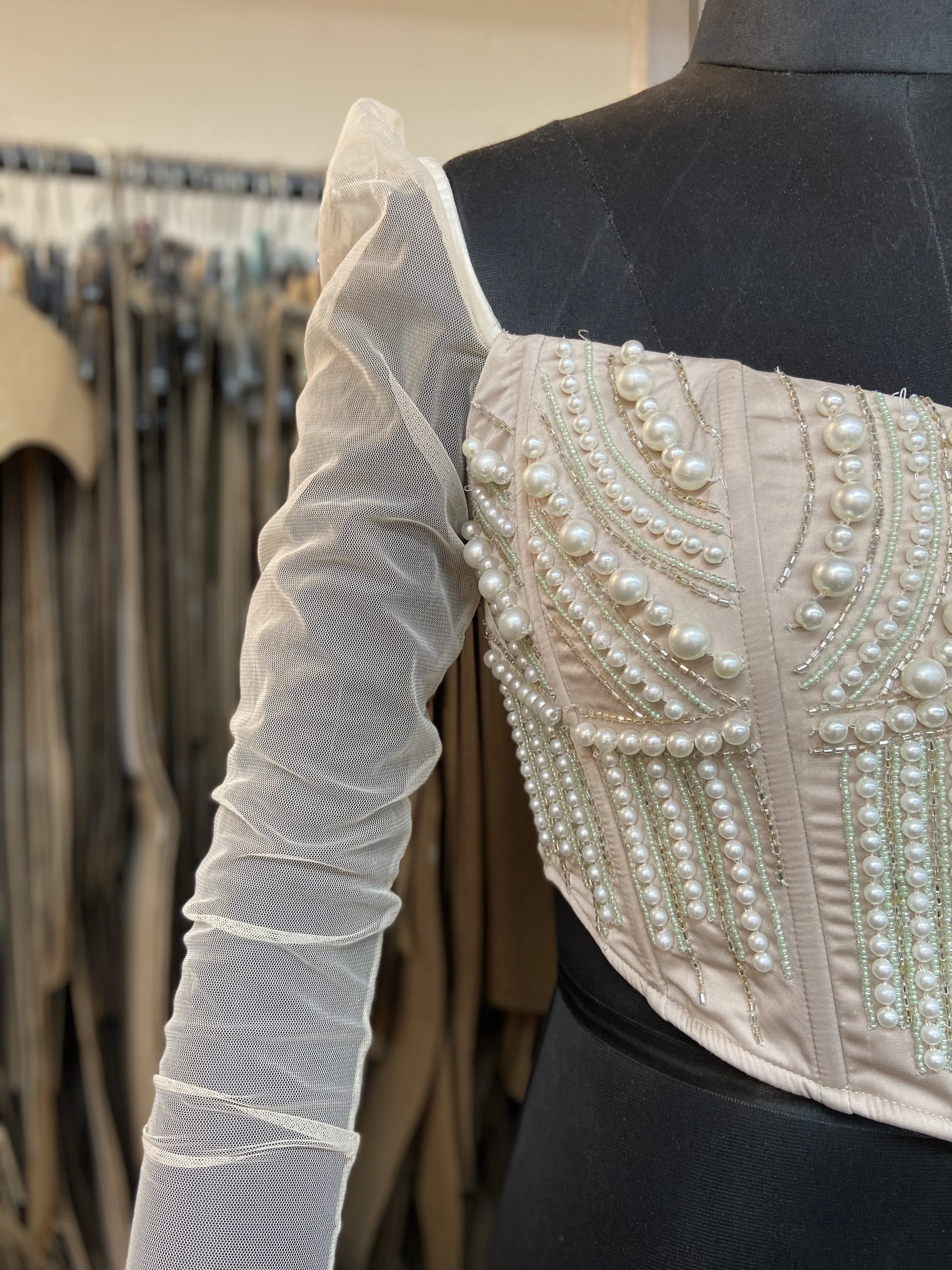 Leila Long Mesh Sleeve Hand Embroidered Corset Blouse