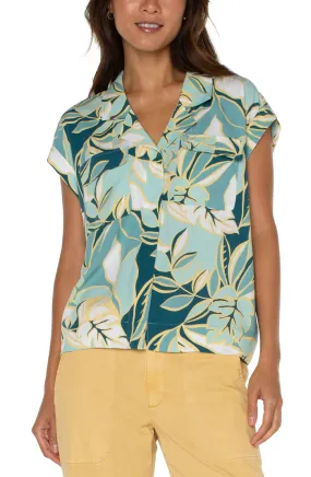 Liverpool Cropped Dolman Camp Shirt WIth Hidden Placket | Teal Tropical