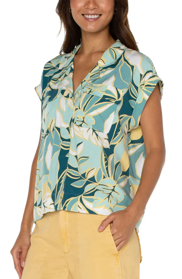 Liverpool Cropped Dolman Camp Shirt WIth Hidden Placket | Teal Tropical
