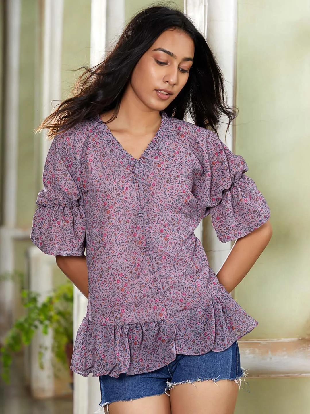 Mauve Floral Print Georgette Straight Top